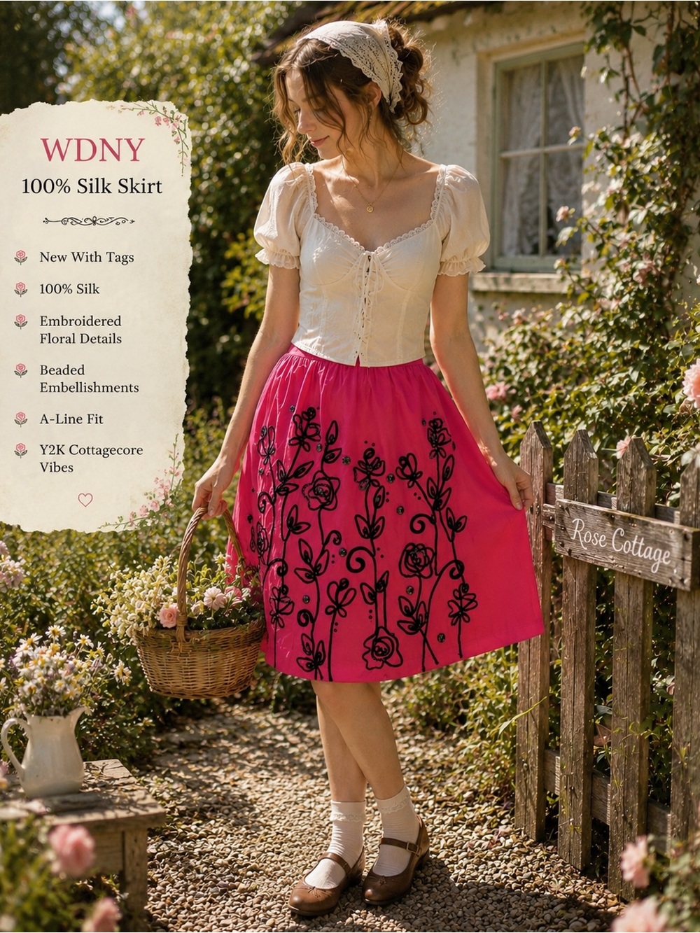 WDNY Y2K Pink Silk Embroidered Floral Skirt NWT A-Line Cottagecore Fairycore
